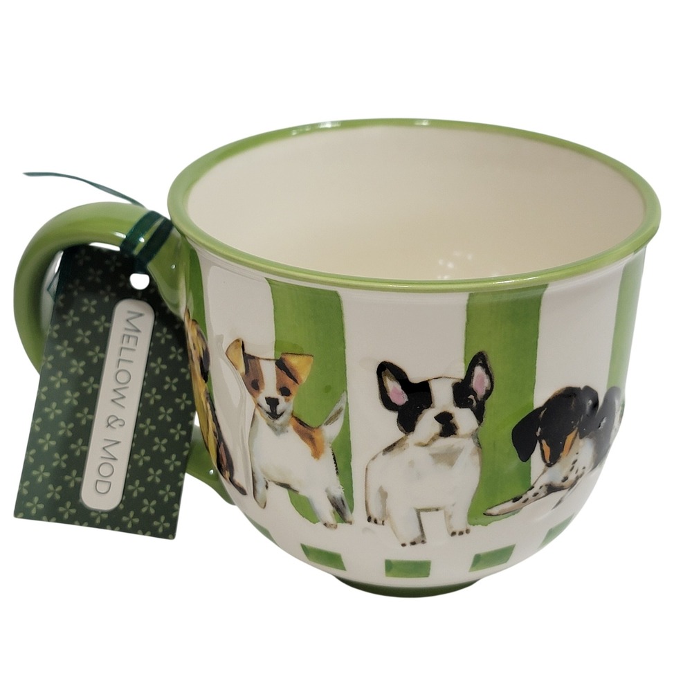 Mellow & Mod Dog Breeds Ceramic Mug Green White Striped Frenchie Dachshund NEW